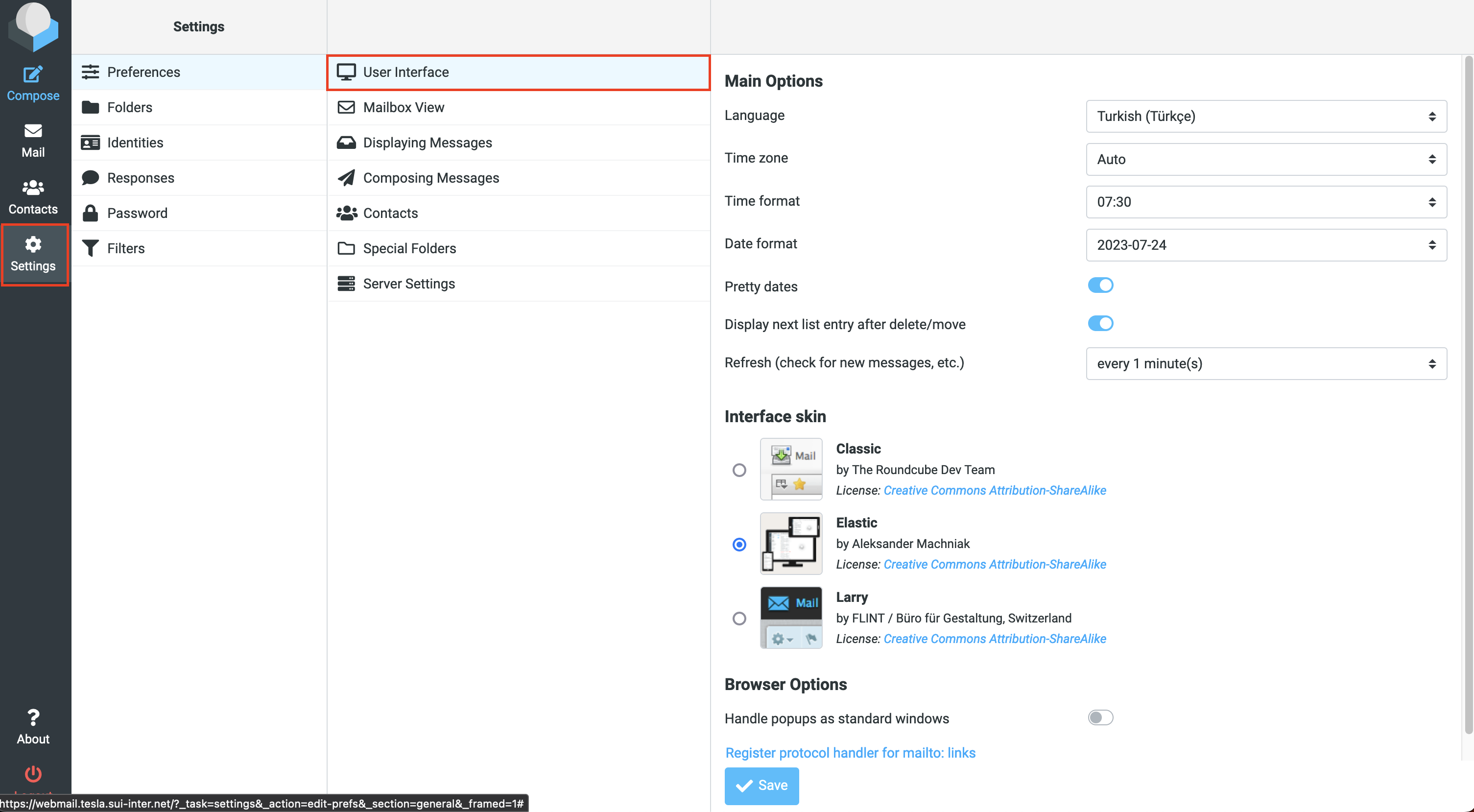 Rouncube Webmail Dil, Tarih, Saat, Tema Ayarları