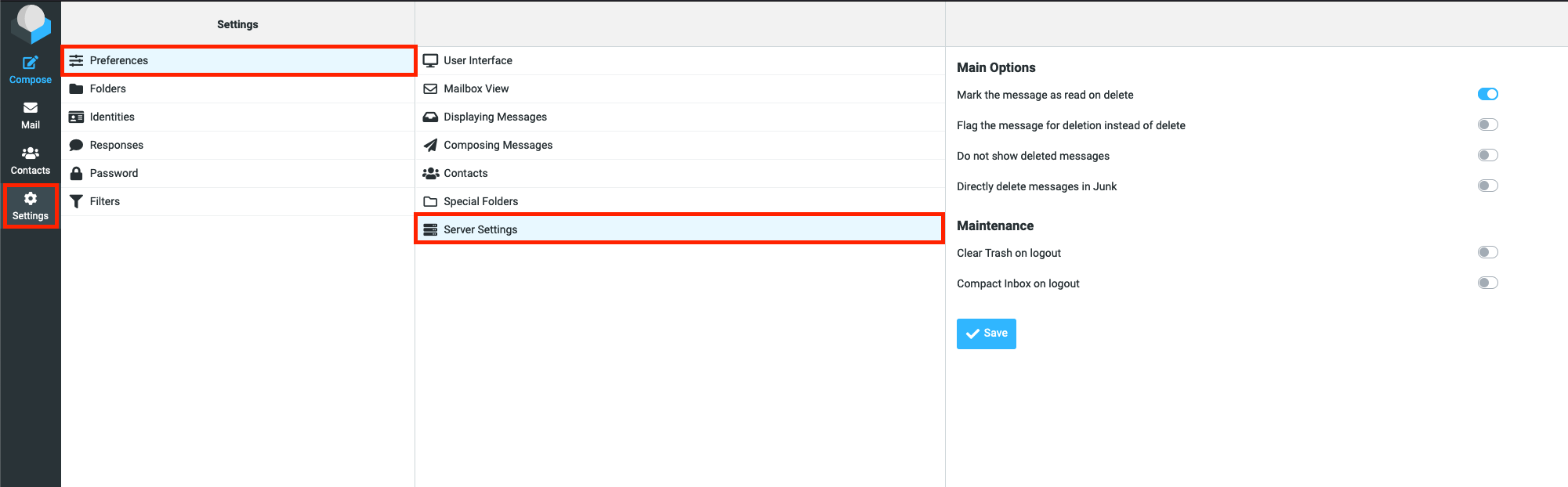 Rouncube Webmail Server Settings