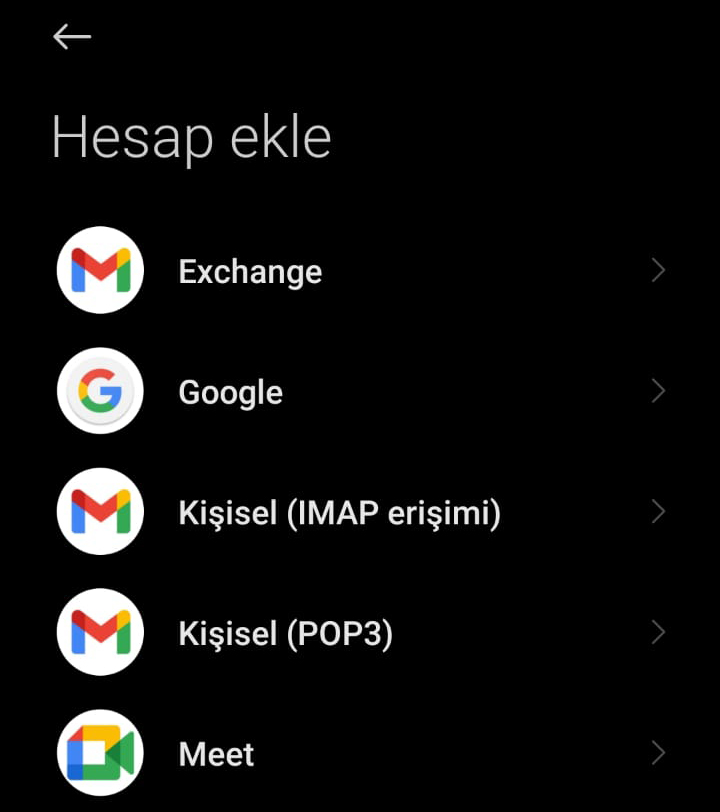 Android E-Posta Kurulumu Protokol Seçimi