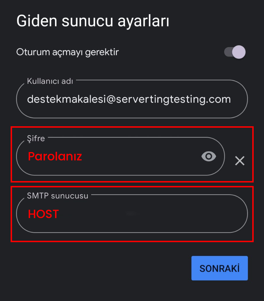 Android E-Posta Kurulumu Sunucu Bilgileri SMTP